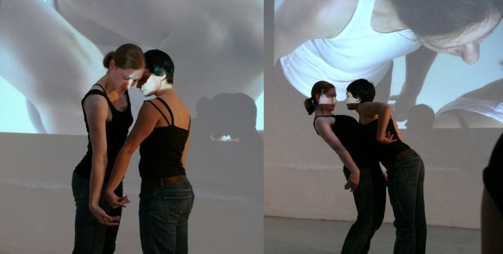 Teresa Hackel and Irene Schrder in dance performance for cracking egg in Treibhaus Katharinenstrasse, Dresden