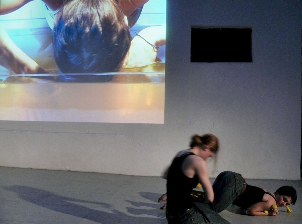 Teresa Hackel and Irene Schrder in dance performance for cracking egg in Treibhaus Katharinenstrasse, Dresden