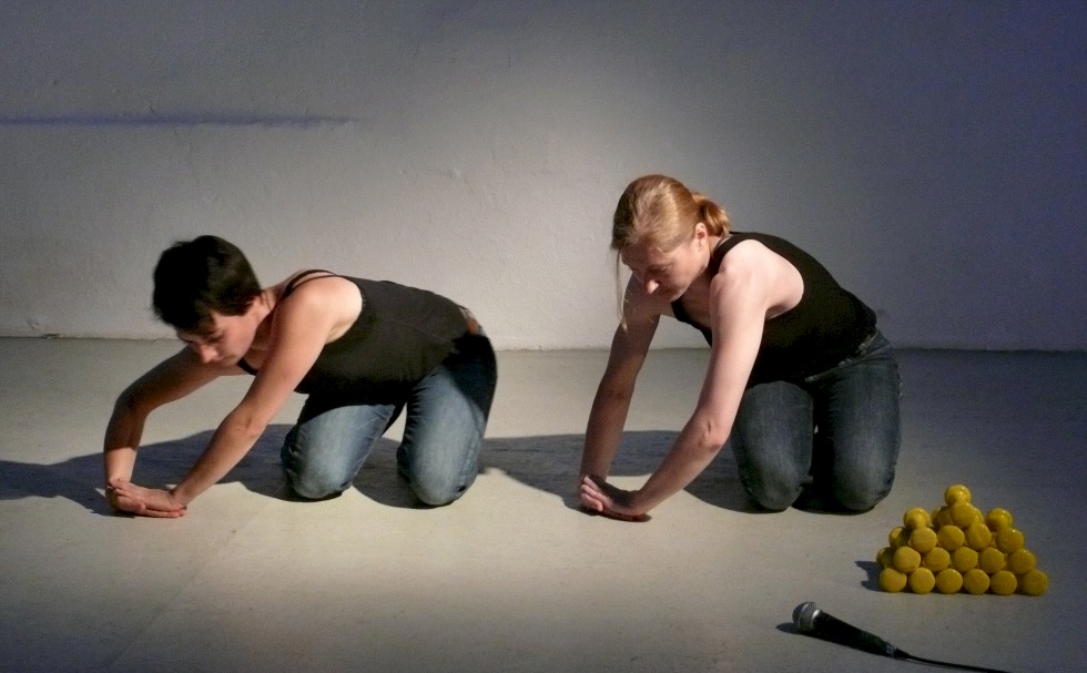 Teresa Hackel and Irene Schrder in dance performance for cracking egg in Treibhaus Katharinenstrasse, Dresden